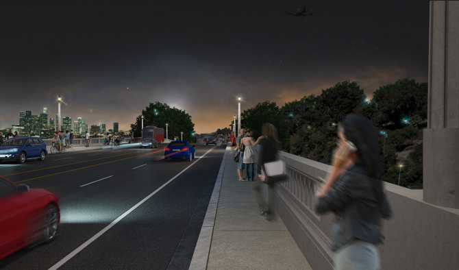 North Spring Street Viaduct rendering shows cyclist (far side) in area currently striped off. Rendering does not show the diagonal stripes that are on the bridge today. Image via Pleskow Architects