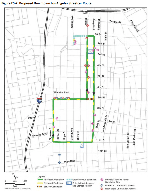 Map of planned Downtown L.A. Streetcar - from city environtal assessment