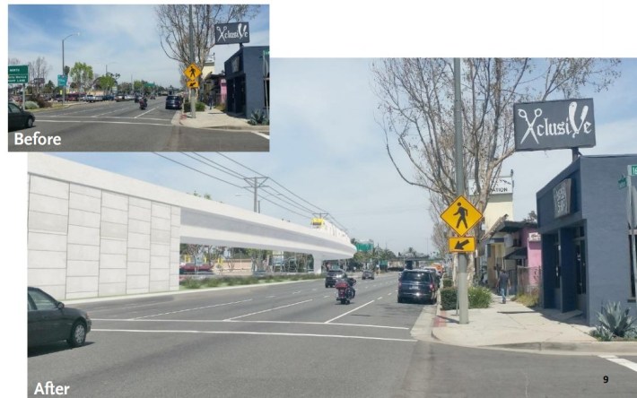 Rendering of elevated Green Line Extension Alternative 3 running in the middle of Hawthorne Boulevard