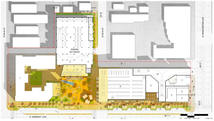 The layout of the site (Vermont is at the bottom, Manchester, at right). The school would be on the north end of the lot, the housing and career center would be on the Manchester end, and the retail (including the proposed grocery store) would be under the housing. Source: Mark Ridley-Thomas