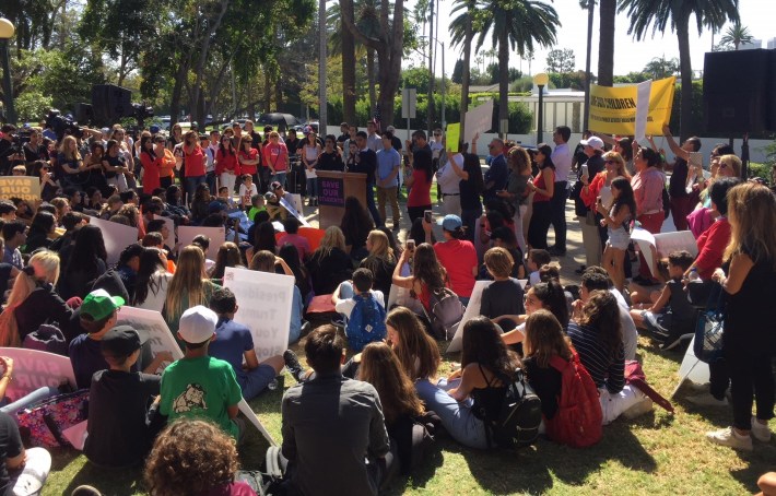 Beverly Hills High School students speaking at this morning's "walkout" rally