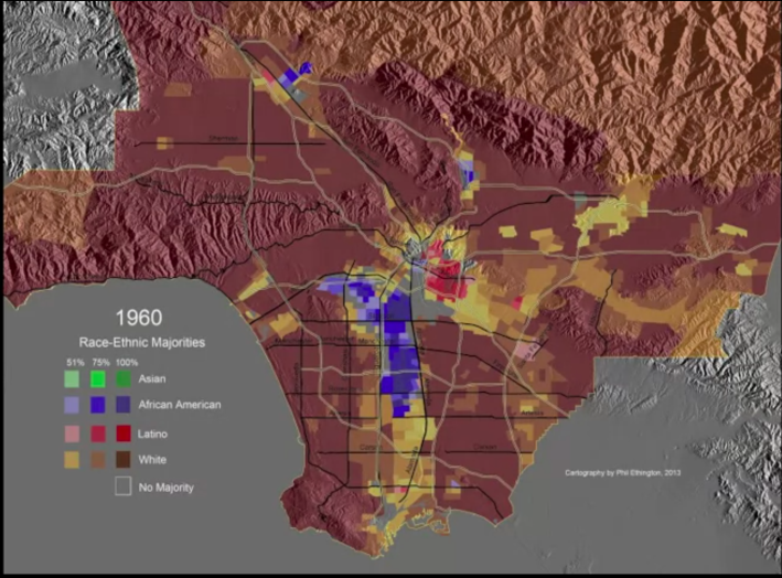 Census data from 1960 suggests that African Americans were moving out of redlined areas, but had not yet moved into the Vermont/Manchester area in significant numbers until 1970. Data and map compiled by researcher Philip Ethington. Click here or on map to see demographic change between 1940 and 2000.