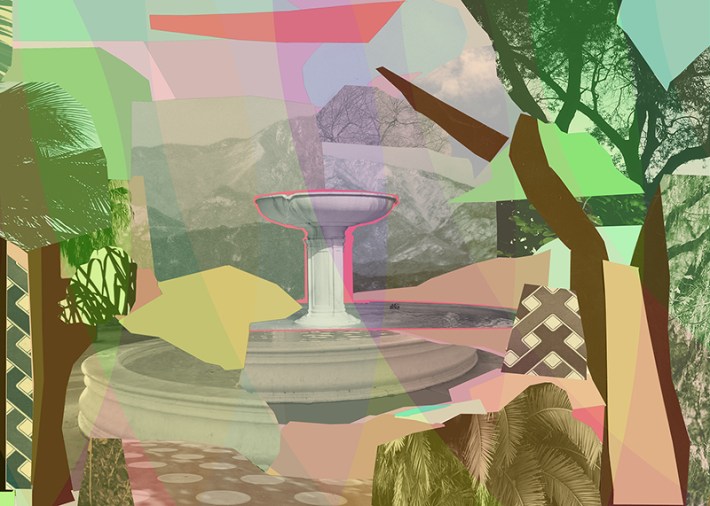 A detail of Mickalene Thomas' collage features the fountain at the center of the park in Leimert Park Village. Source: The Source