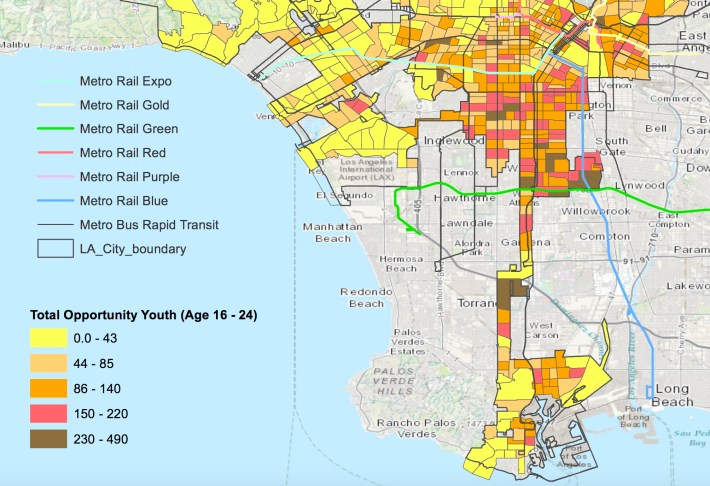 Partial view of a map of Young Opportunity Youth shows the highest concentration of youth who could be eligible for the school in the neighborhoods surrounding Vermont/Manchester. Source: USC report