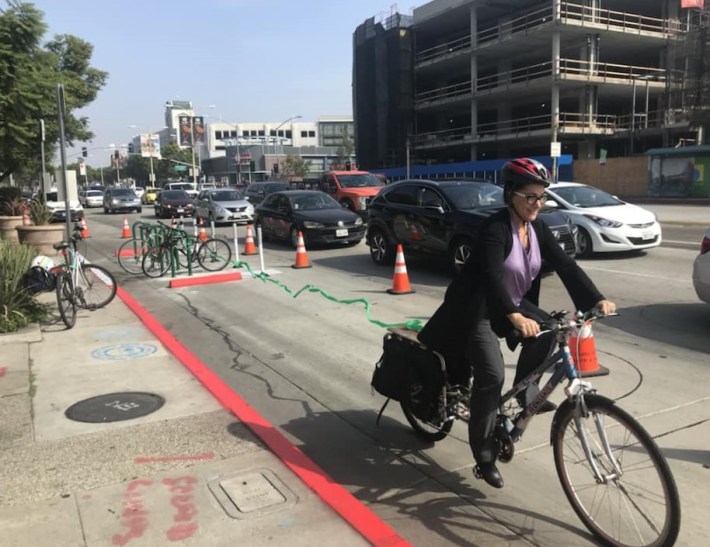 Sage Law Partners' Maren Neufeld at the October ribbon-cutting for downtown Culver City's new bike corral. Photo by Darrel Menthe