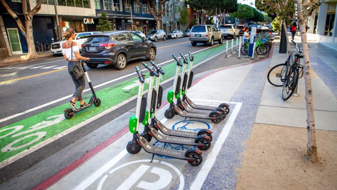 L.A. County is considering banning e-scooters in unincorporated areas. Photo of Santa Monica e-scooter corral - by Gary Kavanagh