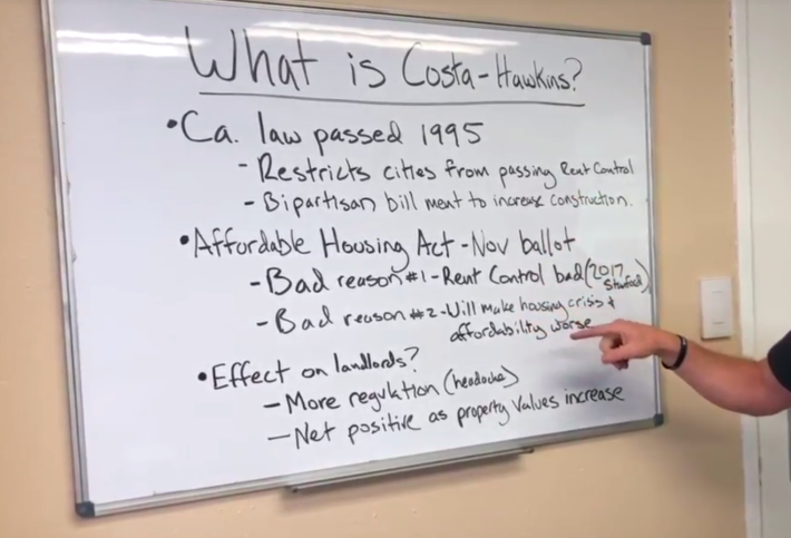 Bullet points from a Good Life Property Management video on Costa Hawkins include the compelling points, "Bad reason #1 - Rent Control bad" and "More regulation (headache)." Screengrab from Good Life Property Management