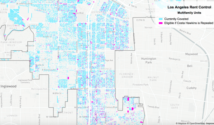 A detail of a map of rental properties currently covered by the rent stabilization ordinance. The pink spots indicate more recent construction which could become eligible for rent stabilization with a repeal of Costa Hawkins. Source: