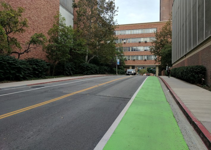 Uphill stretches of the new UCLA bike lane feature a continuous bike lane, much of it marked with green paint