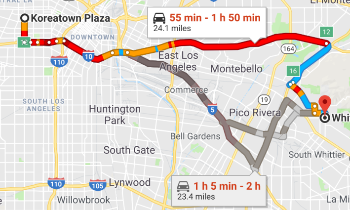 Not a fun looking commute. Note: the Safe Parking Lot is not at Koreatown Plaza, but we had to out an address into Google Maps for it to work.