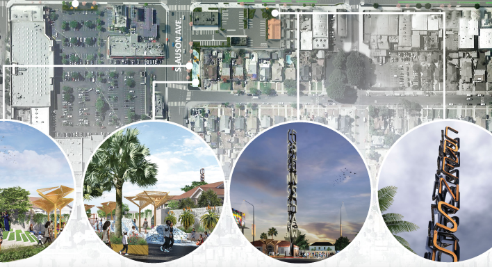 The 120-foot-tall "Crenshaw" tower will stand on the grounds of the Historic Fire Station near Slauson and be made from humble materials, symbolizing the