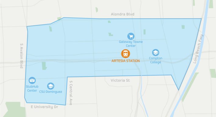 Artesia Blue Line station mobility on demand area - map via Metro