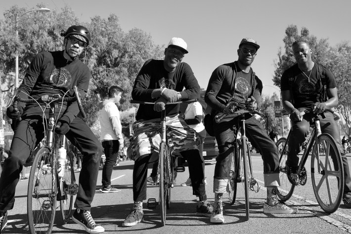 Some of the elder statesmen of Black Kids on Bikes: Tony Kee, Ahmed "Slinkee" Goins, Jeremy Swift, and Anthony McNeal. Sahra Sulaiman/Streetsblog L.A.