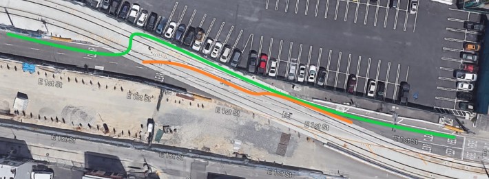 Map of track-crossing trajectories. The orange is route many cyclists have used, staying in the travel lane. The green is crossing observed yesterday that goes to the right inside Metro's rail right-of-way.