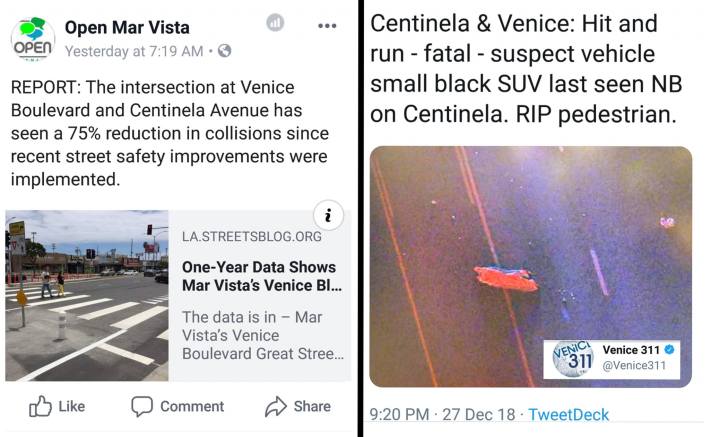 Restore Venice Blvd traffic safety deniers criticized Venice Boulevard safety due to a crash that took place four blocks away from the project. Image via RVB Facebook.