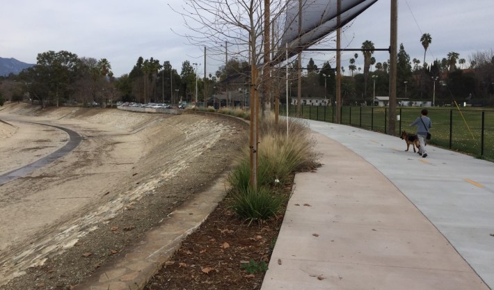 Note that the recently opened South Pasadena Arroyo Seco bike path (just upstream nearby) is along the top of the channel, undamaged, and open.