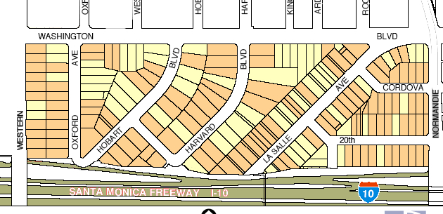 The wealthy Black community of Sugar Hill [the angled streets seen here between Western and Normandie Avenues] was one of several Black neighborhoods officials deliberately routed the Santa Monica Freeway through in the 1950s. (Google maps)