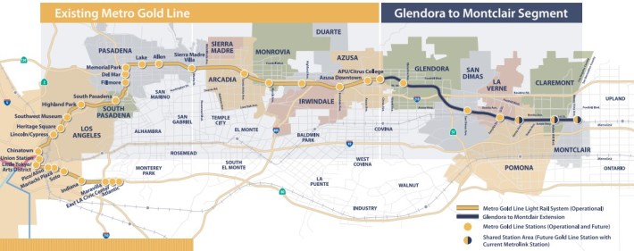 The existing and planned Foothill Gold Line. Map via Construction Authority
