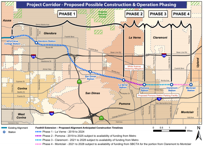 Proposed phasing for Foothill Gold Line extension 2B - image via Construction Authority