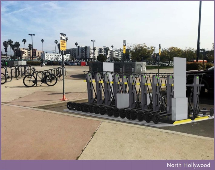 Rendering of e-scooter parking dock in a North Hollywood Station parking space. Image via Metro report