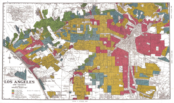 The term "redlining" has its roots in 1939 maps from the Home Owners' Loan Corporation that designated red zones as "hazardous" investment areas for lenders due to their ethnic composition and poor housing stock (also a product of segregation). Yellow zones were largely populated by whites but were being "infiltered" by non-whites and thus categorized as "definitely declining." On the westside of South Central, Slauson marked a dividing line between more desirable neighborhoods (in blue) and less desirable yellow ones (see how these zones shaped population growth below). Visit Mapping Inequality to click on individual neighborhoods with L.A. and see how they were classified and described at the time.