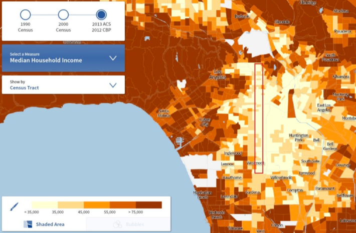 Median household income in Los Angeles with Vermont Corridor highlighted. Map by Scott Frazier via Investing in Place