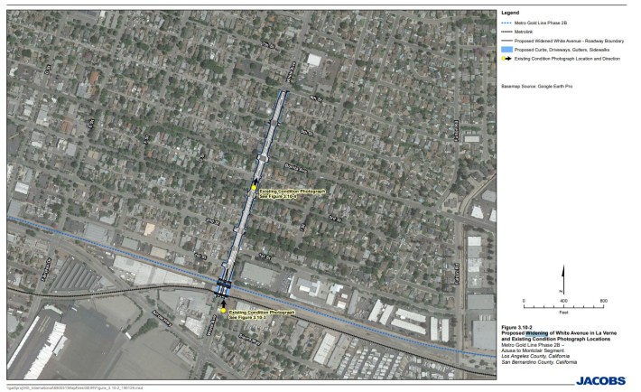 Aerial showing planned White Avenue widening in La Verne. Image from SEIR document