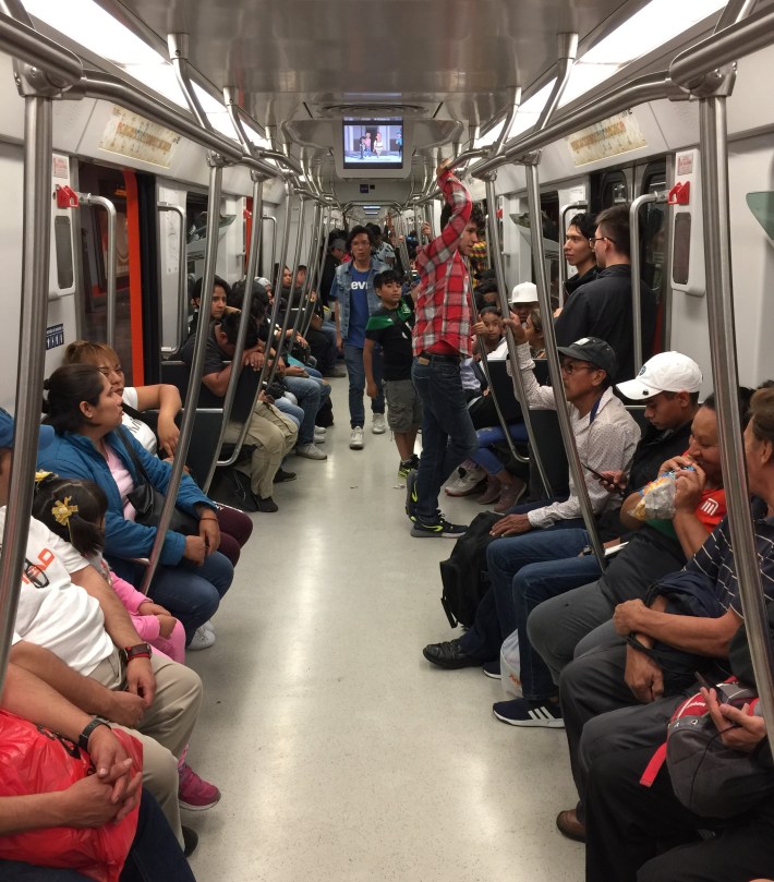 The interior of Mexico City's Line 12 subway train. The cars are open - so people can move around from car to car; this openness feature has been recommended for U.S. trains to help spread out crowds