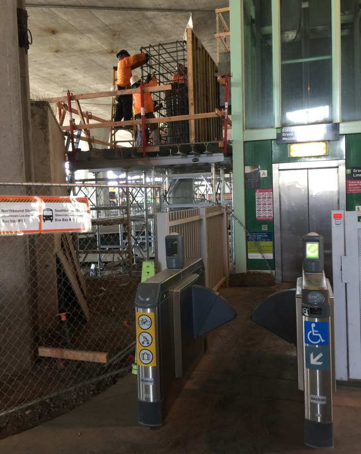 The east elevator access to the Green Line remains open during construction. The Green Line is also accessible via the bus plaza (not pictured)