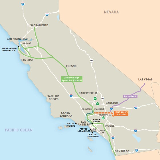 High Desert Corridor rail could connect Palmdale to Las Vegas and San Diego. Map via Metro