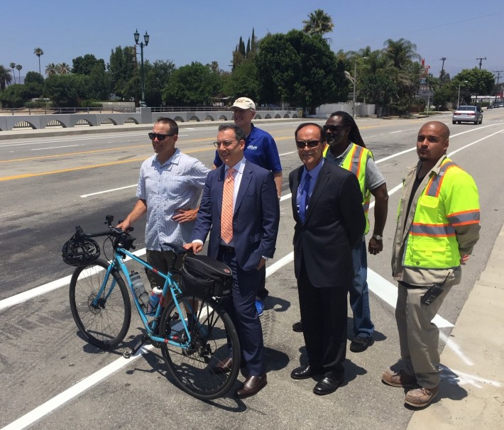 Councilmember Bob Blumenfield with his staff, LADOT staff, and community members - all of whom Blumenfield credited with making the new lanes happen.