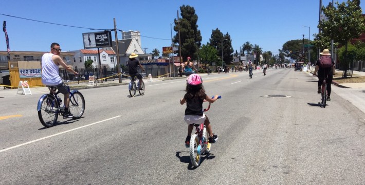 Riders of all ages took to car-free CicLAvia open streets yesterday
