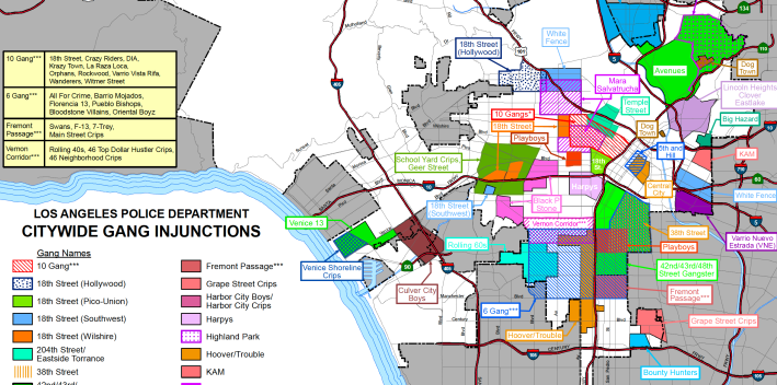 Partial map of gang injunctions, per the LAPD. Click here to see the full map. Visit the LAPD website to see maps for each bureau.