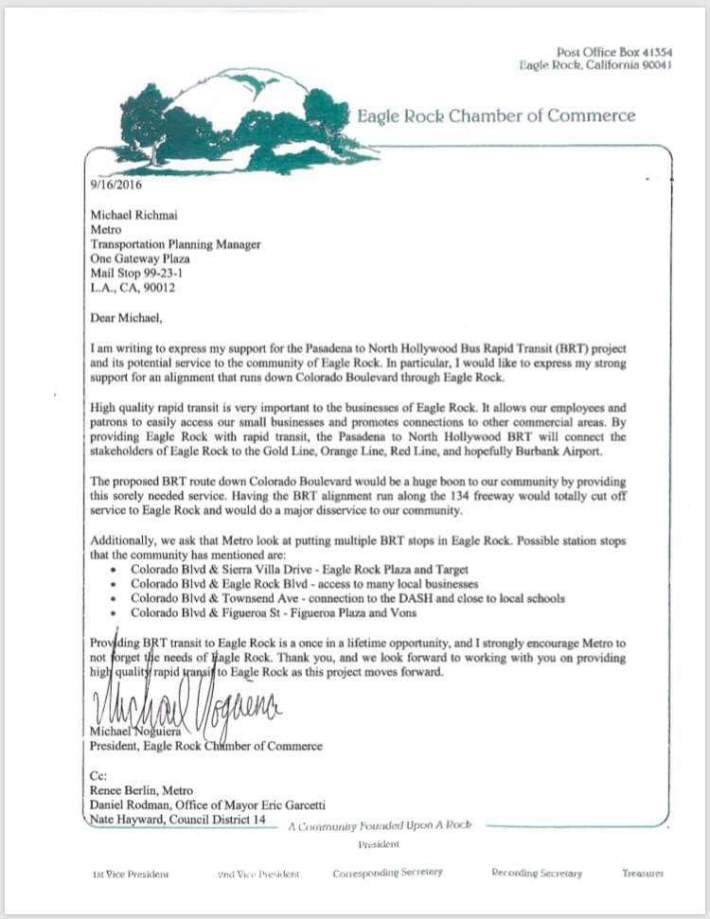 2018 Eagle Rock Chamber of Commerce letter expressing xxx - signed by Chamber president xxx