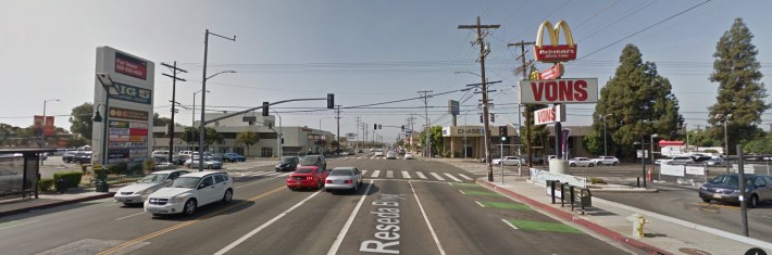 Existing 2-story development at Reseda/Nordhoff. With BRT, TOC up-zoning could add, at most, two additional stories here - but is not enough to get to six stories. Image via Google street view