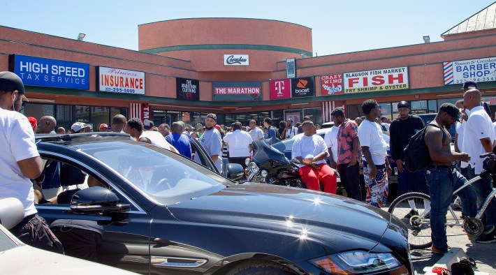 The opening of The Marathon, Nipsey Hussle's innovative smart store, in June, 2017, drew people from all over the community. Sahra Sulaiman/Streetsblog L.A.