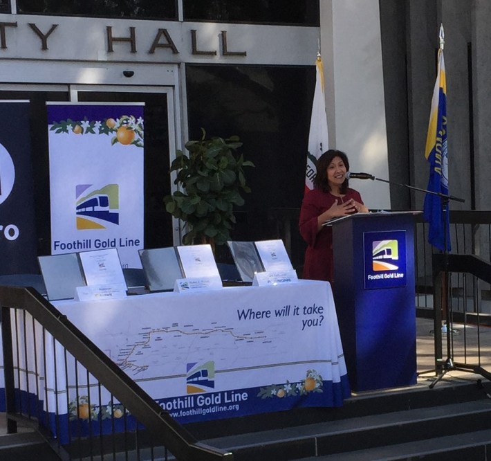 Congressmember Norma Torres addressing this morning's Gold Line ceremony