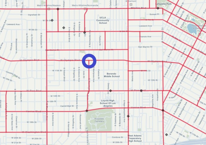 The Olympic/Normandie crash location shown on L.A.'s Vision Zero High Injury Network