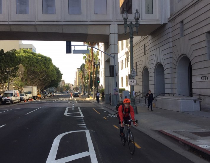 The Main Street bikeway is literally in the shadow of Los Angeles City Hall