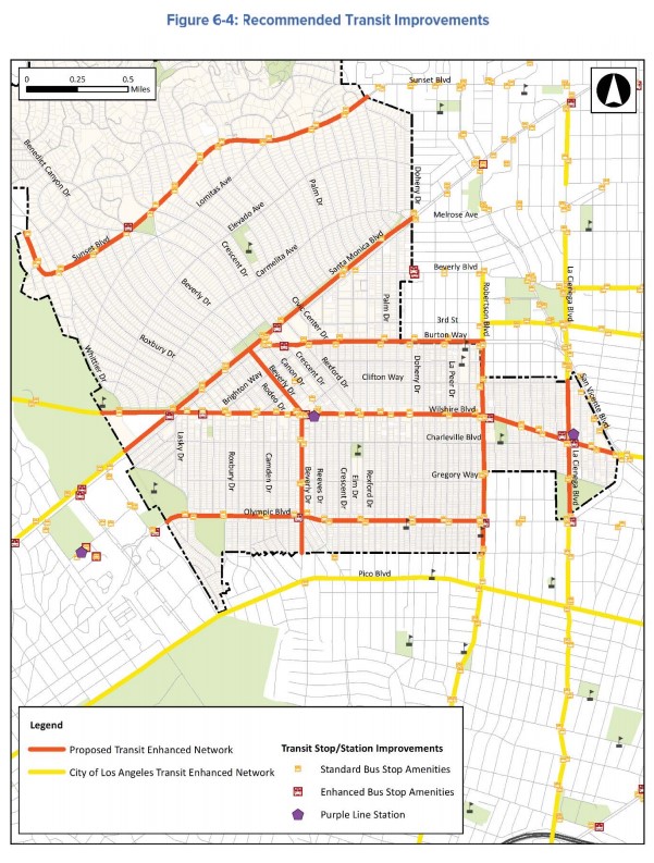 Proposed Beverly Hills transit improvements - map via complete streets plan