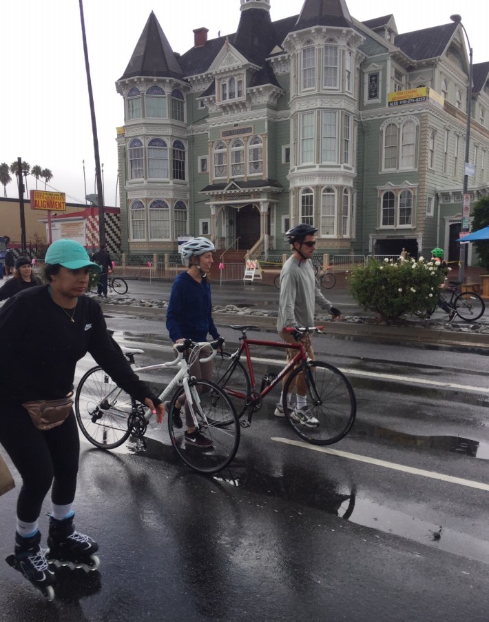 CicLAvia's Winnetka Hub in front of The Victorian - built from salvaged pieces from similar buildings from the demolished Bunker Hill