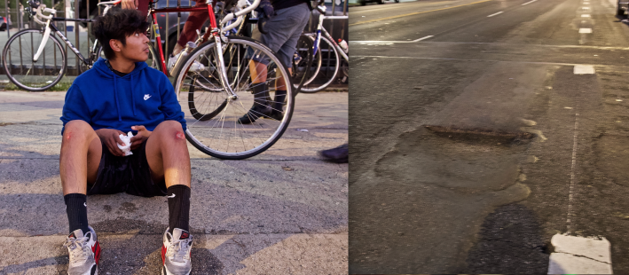 William hit a pothole on Figueroa and went flying over his handlebars. He landed on his shoulder, but his knees got torn up in the process. He was grateful his bike wasn't damaged so he could pedal home, but he bled all the way back to Expo Park. Sahra Sulaiman/Streetsblog L.A.