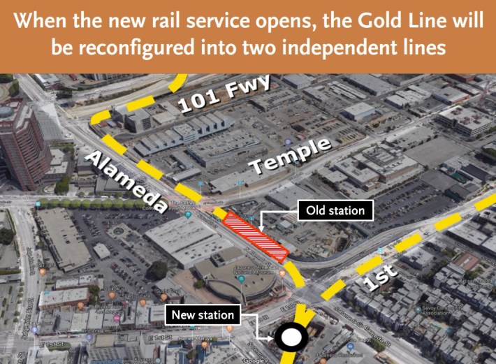 Regional Connector will demolish the existing Little Tokyo Gold Line Station replacing it with a new underground station a block away. Image via Metro presentation