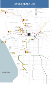 Rather than talk about the people that use the system now, who are, especially in Los Angeles, not like them, it’s easier for the people in power to imagine a rail line (as this map from WHAM, West Hollywood Advocates for Metro Rail shows) that would take them directly from LAX to the Hollywood Bowl to see a show, stopping for a nice dinner on the way. Citation: West Hollywood Advocates for Metro Rail. Nov, 2019.