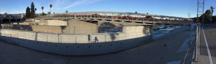 Panorama of newly opened Red Car river brige. Glendale Hyperion Bridge is on the left.
