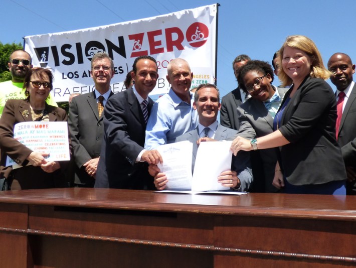 Hopes were high when Garcetti, flanked by Councilmembers Bonin and Englander on his left and Tamika Butler and Seleta Reynold on his right, signed a commitment to Vision Zero on the streets of Boyle Heights. The city has actually seen an increase in traffic deaths since the press event.