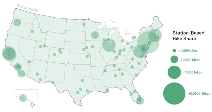 U.S bike-share systems fleet sizes as of late 2018 - via NACTO