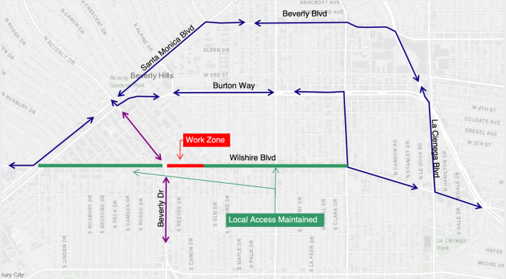 Metro subway construction will close Wilshire Boulevard immediately east of Beverly Drive starting tomorrow. Detour map via BH staff report