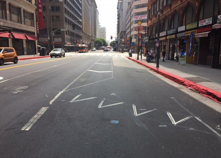 More preliminary striping on 7th Street in downtown L.A. today. Photo by Joe Linton/Streetsblog L.A.