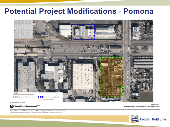 The modified parking plan at the Pomona Gold Line Station would move parking from the area marked in blue to the area outlined in green. This area has some commercial and residential properties. Image: Foothill Gold Line Construction Authority